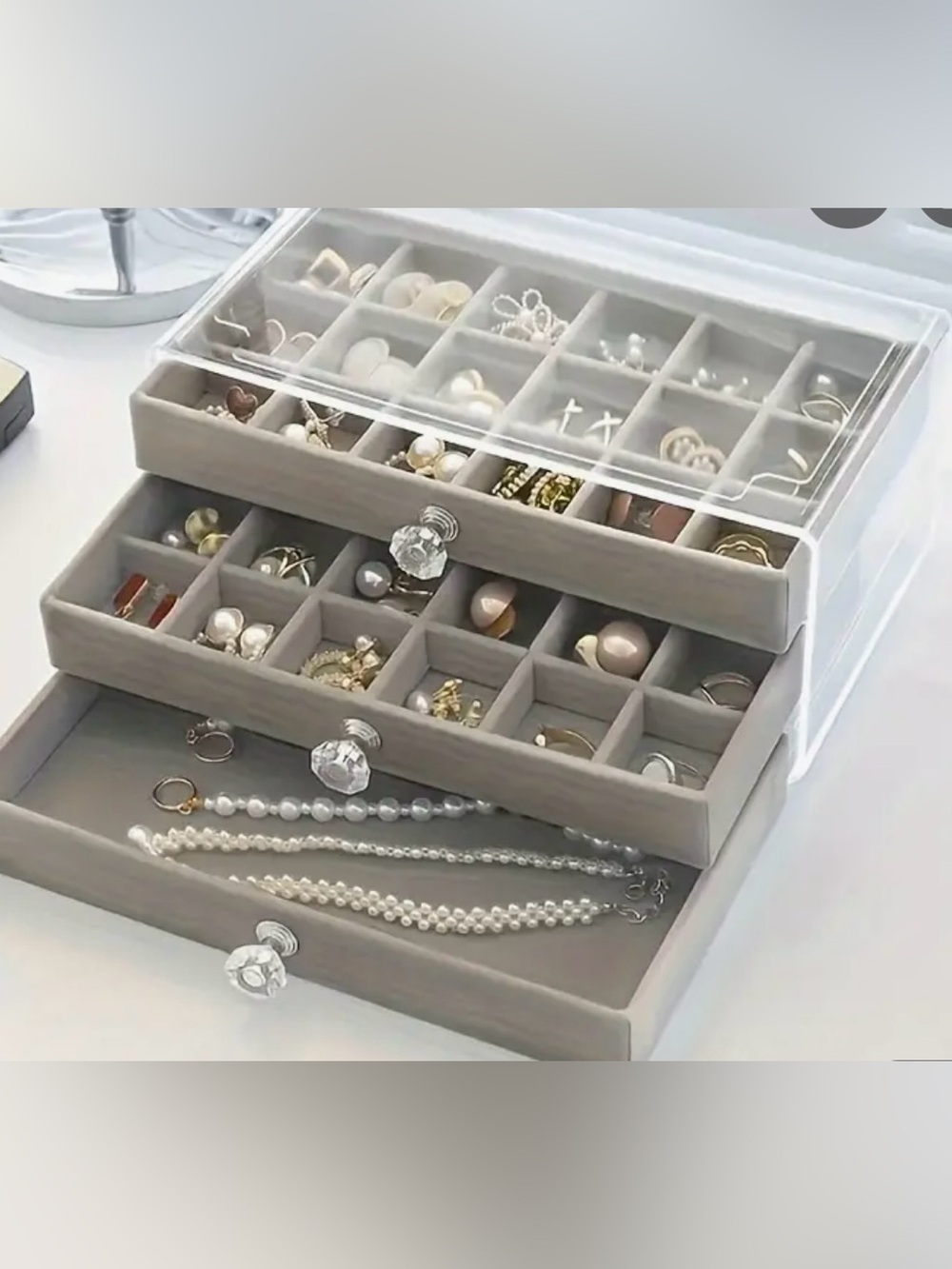 Gray Jewelry Organizer Box with Clear Lid - Multi-Compartment Jewelry Storage